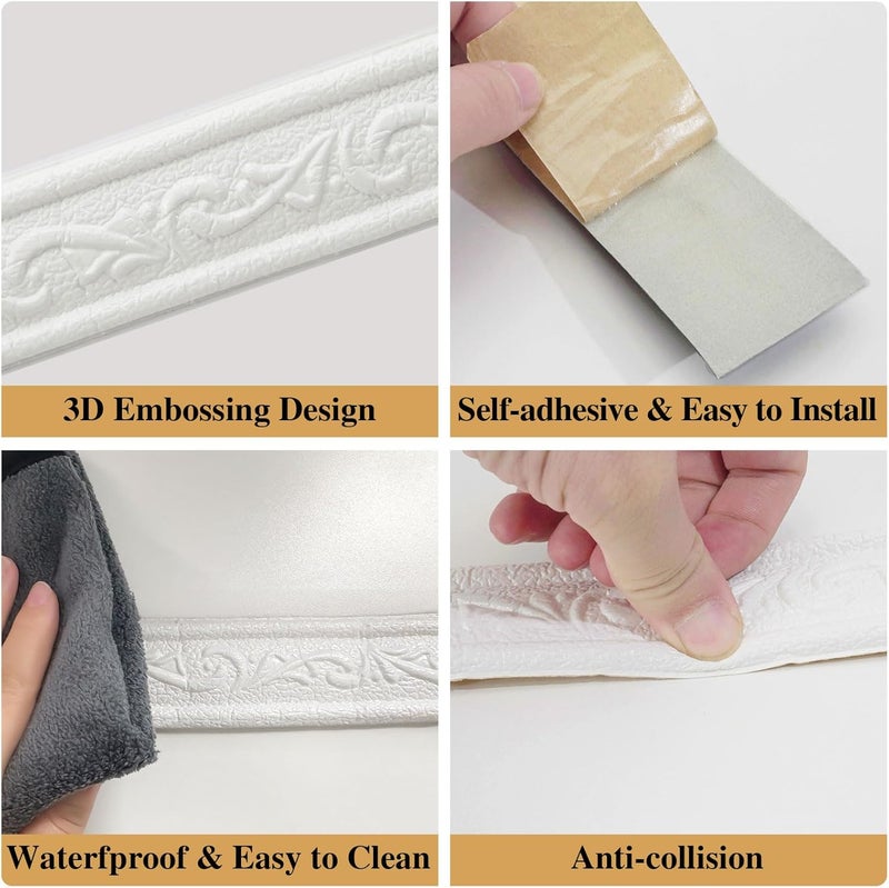 WADILE حافة جدارية ثلاثية الأبعاد 90" x 1.57"، قالب لاصق ذاتي، حدود ورق جدران مرنة من PVC للجدران، المرايا، القوائم، خطوط التمييز - أبيض - Image 3